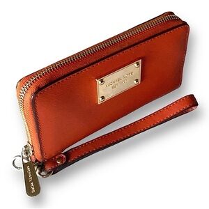 MICHAEL KORS Leather Wristlet Wallet Orange Gold Hardware Like New 6” x …